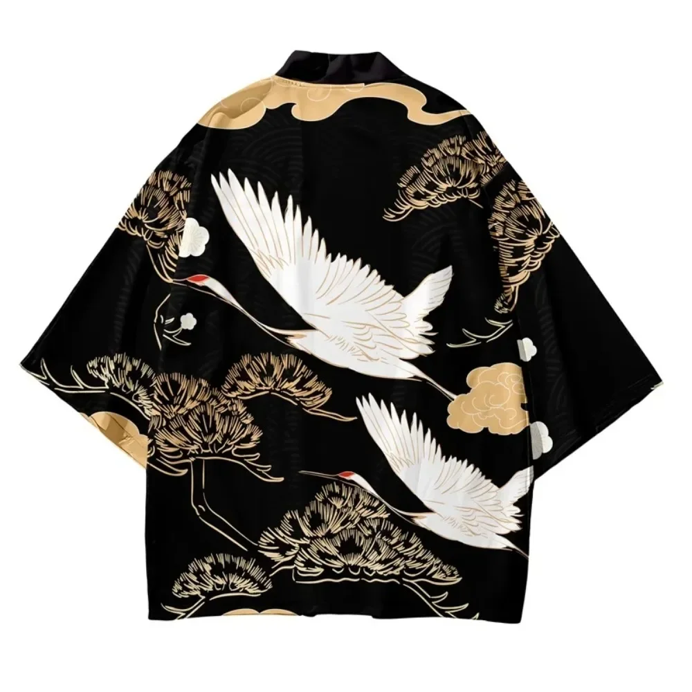 Japanese Kimono Cardigan Crane Pattern Print Men Women Harajuku Yukata Top