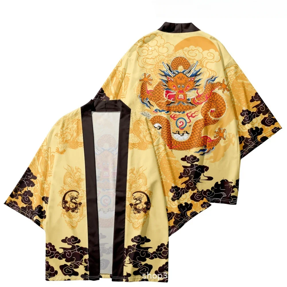 Yellow Cardigan Tops Women Men Cosplay Haori Asian Clothing Chinese Dragon Print Traditional Kimono Japanese Fashion Shirts