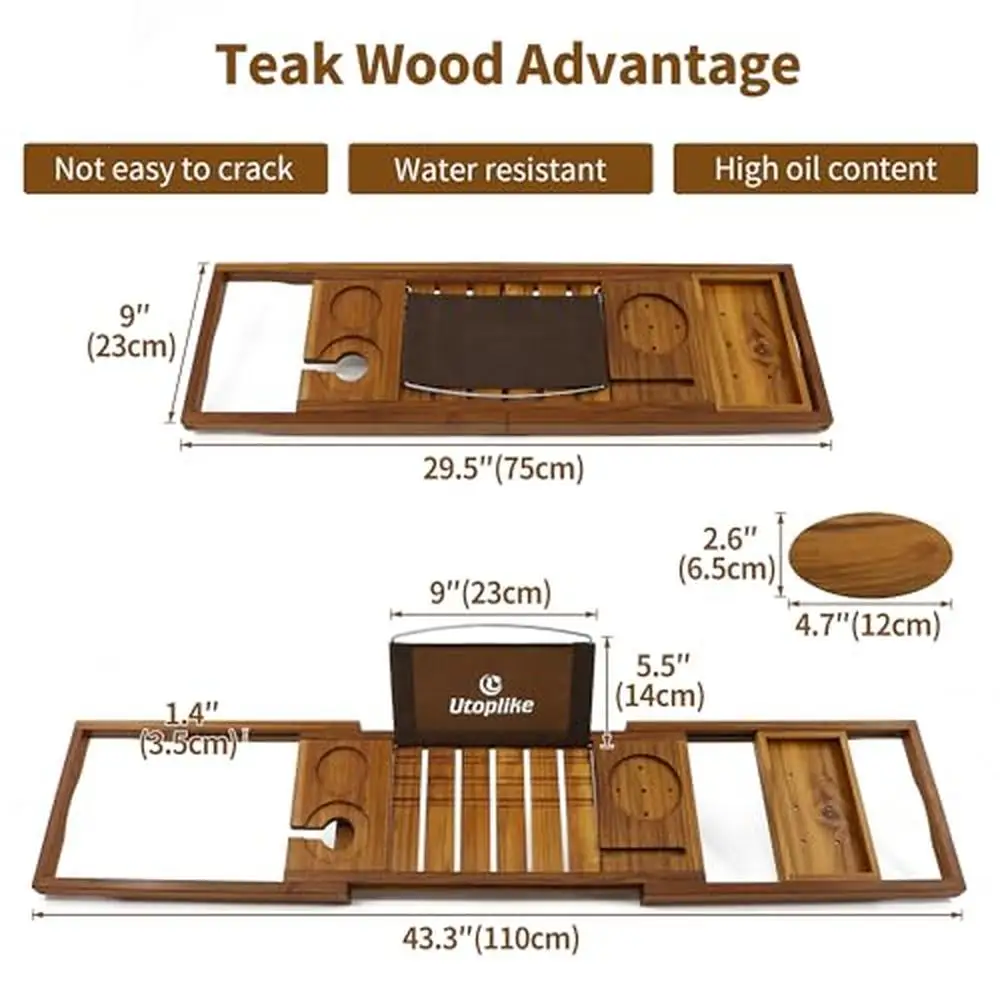 Teak Bath Tray Tub Organizer Book Tablet Wine Glass Cup Towel Holder Adjustable Premium Quality Bathtub Caddy Unique Design 5