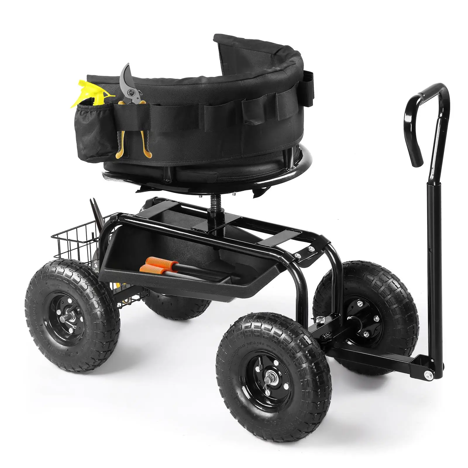 360&deg; Swivel Gardening Cart with Cushioned Seat & Tool Tray Outdoor for planting Stool with Steering Handle Black