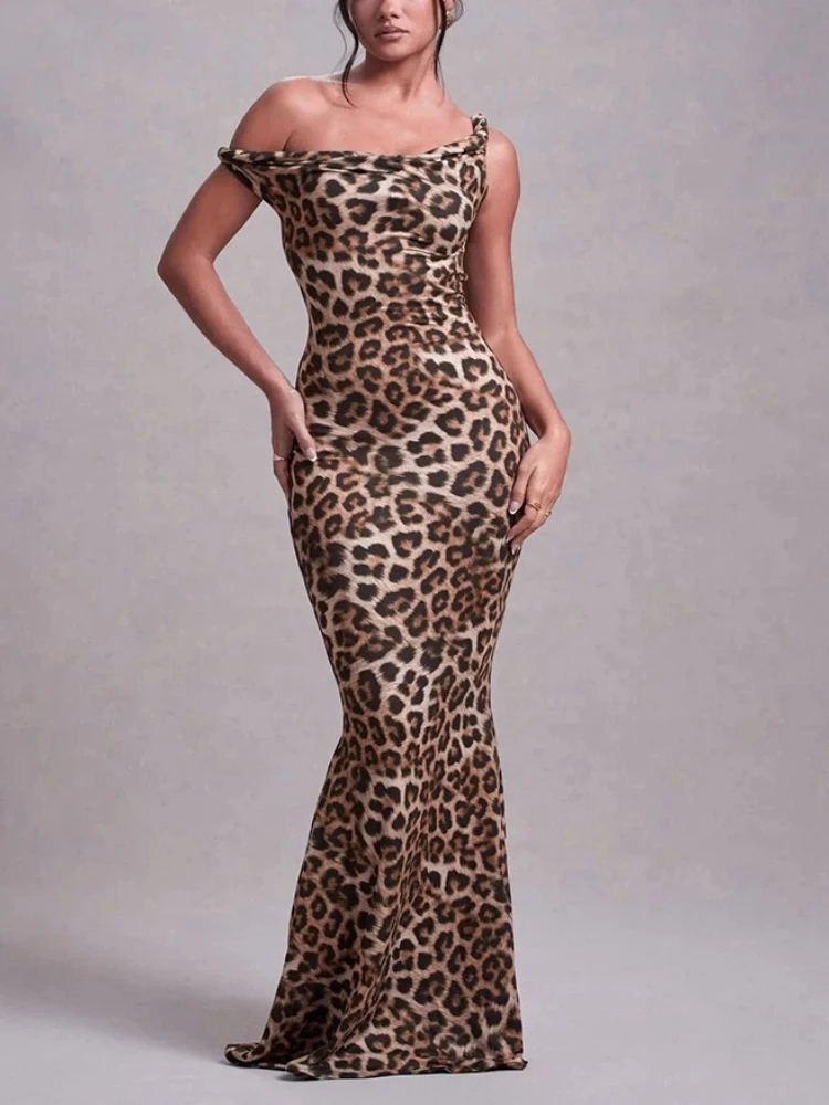 Fashion New Strappy Sexy Halter Dress Irregular Collar Suspender Slim Women's Medium and Long Printed Evening Dress