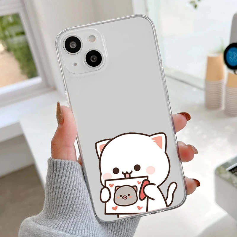 Cartoon Peach Mochi Cat Couple Soft Transparent Phone Case