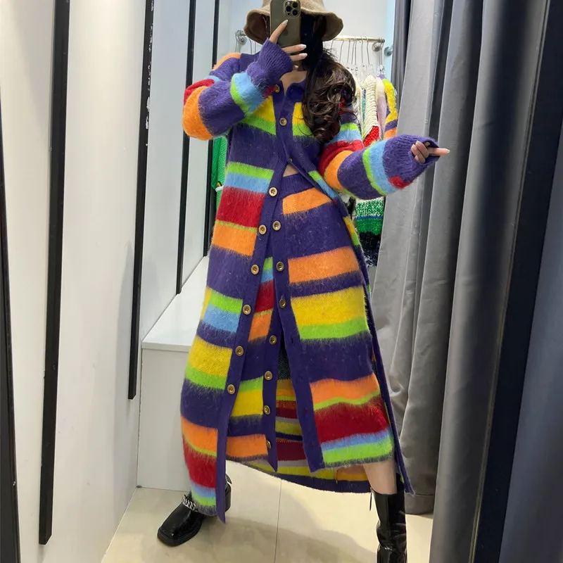 

Women Candy Contrast Color X-Long Rainbow Striped Sweater Coat Vintage Stripes Knitted Cardigan Single Breasted Sueter Knitwear