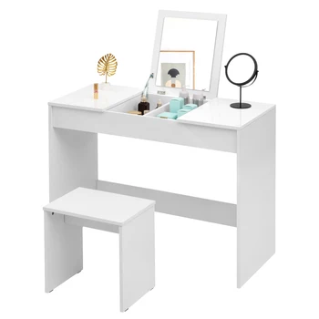 WOLTU 1 SET Toletta bianca con specchio per il trucco Sgabello Vanity Tavolo lucido Comò cosmetico per ragazze Camera da letto delle donne 1