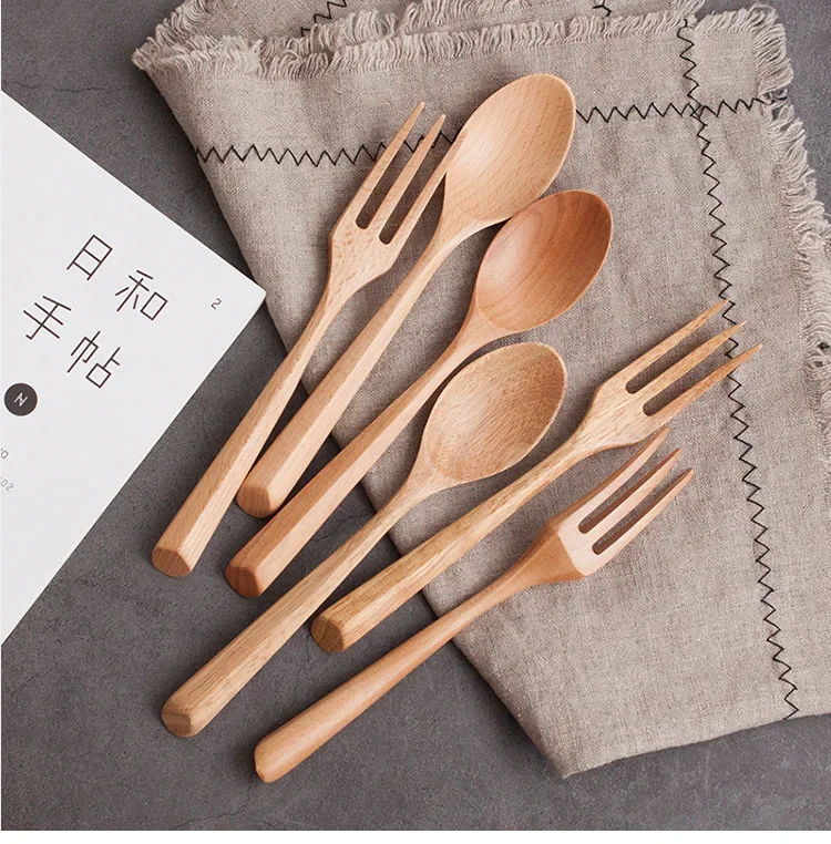 Natural Wooden Spoon Set Portable Eco-friendly Fork Tableware Cutlery Sets Travel Dinnerware Suit Simple Kitchen Tools