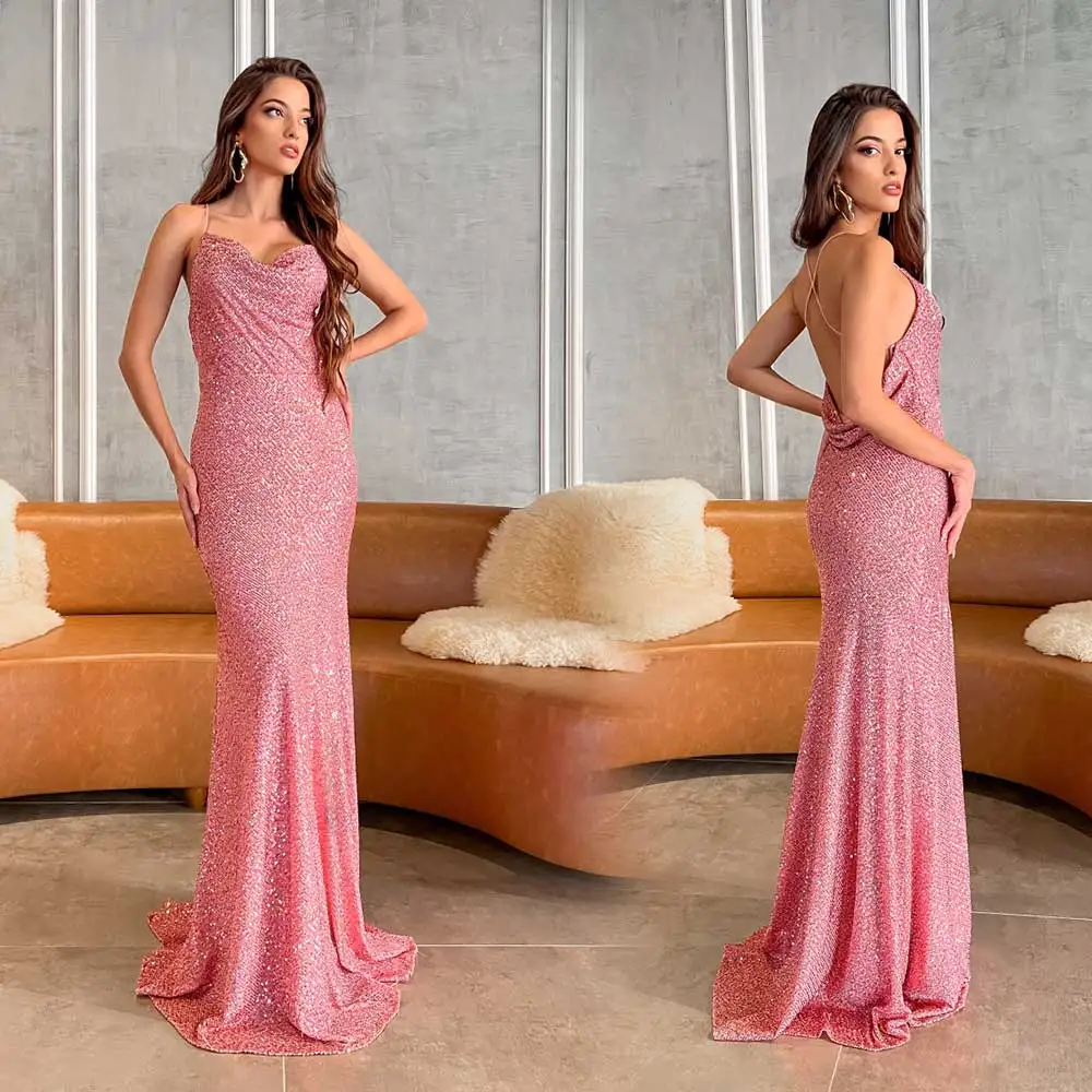 

Sparkling Evening Dress Spaghetti Strap Sweetheart Sequins Backless Court Train Prom Gown Vestidos De Festa Longos