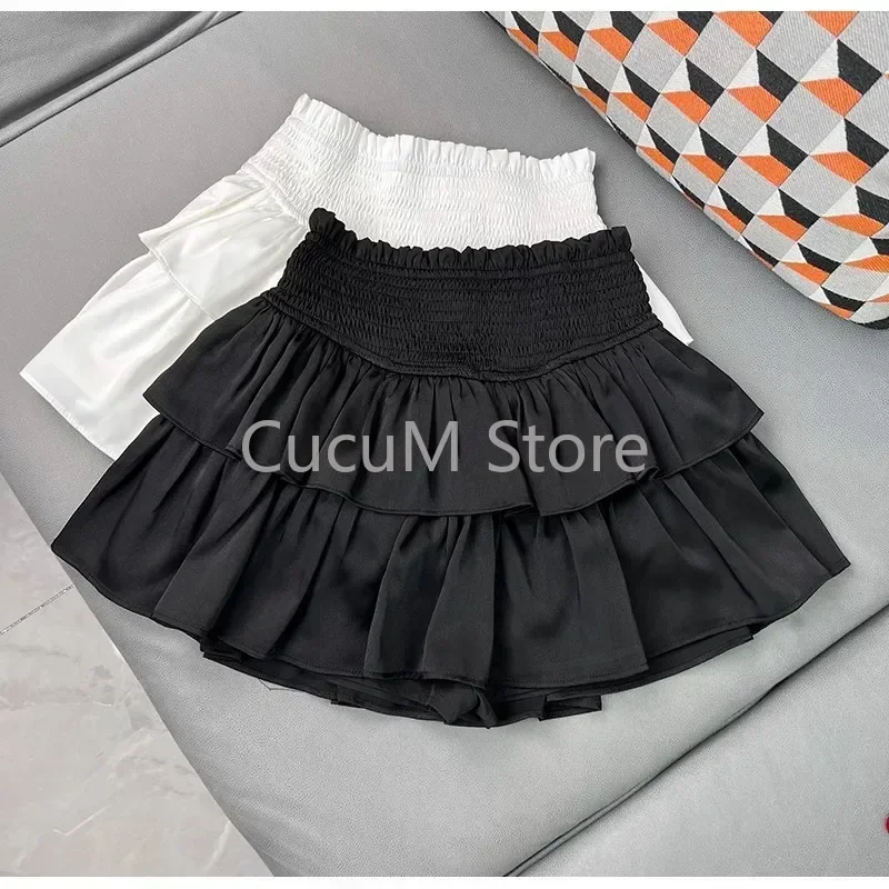 Sweet Cake Skirt Women's Ruffles Casual Simple Short Mini White Chiffon Skirt Black Kerean New 2024 Puffy Ballet Style Skirts 2