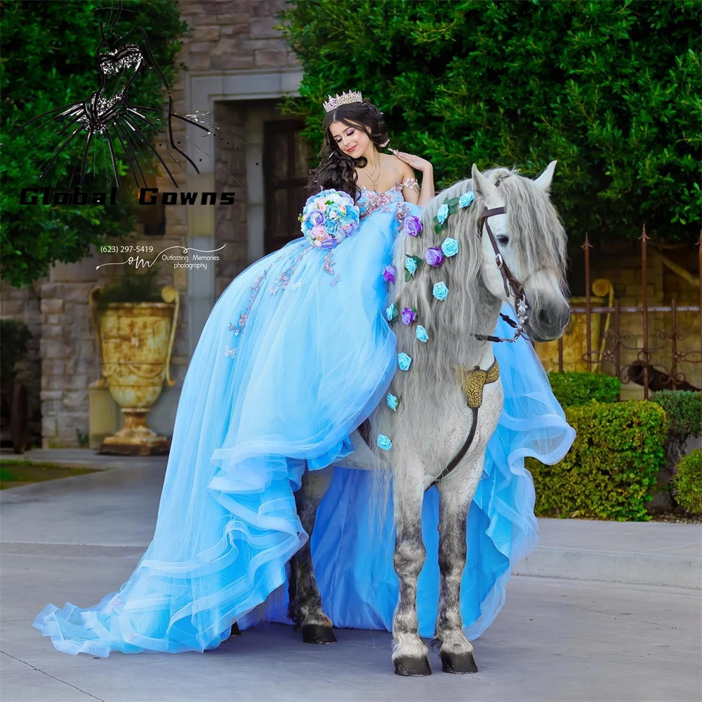 

Off The Shoulder Ball Gown Quinceanera Dresses Sky Blue For Girls Beaded Birthday Party Gowns Lace Up Back Graduation 3D Flowers