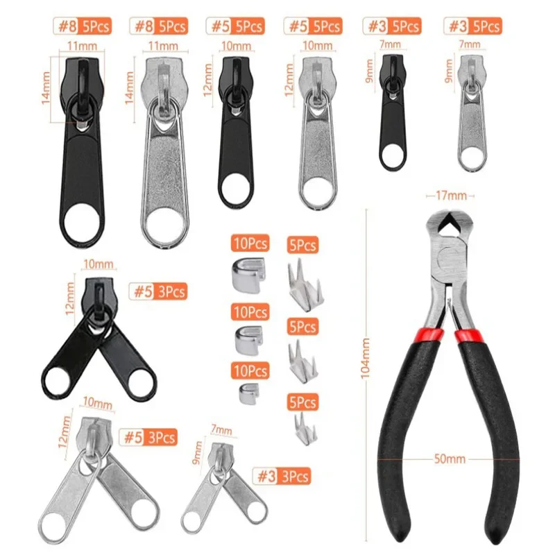 85/197pcs Zipper Sliders Repair Kit Replacement Tent Zipper Head Luggage Puller Slide with Plier for DIY Sewing Tools
