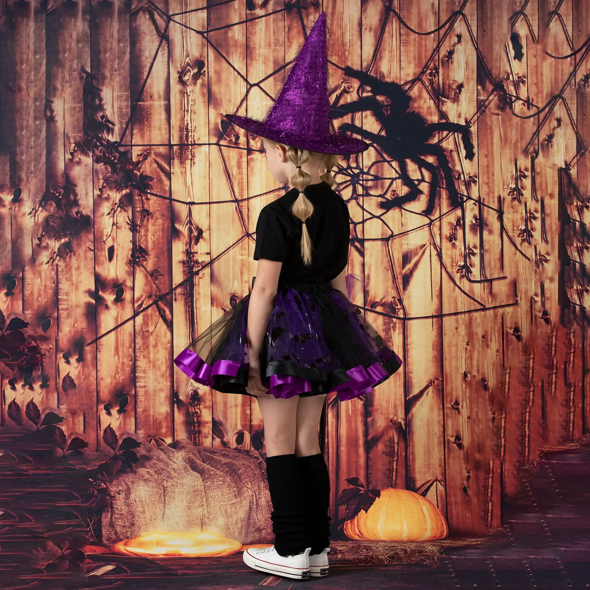 Girls Halloween Witch Cosplay Costume Theme Party Carnival Sorceress Roleplay Clothes Props Print Mesh Tutu Skirt with Hat Broom