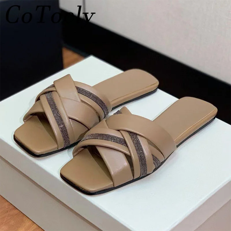 

Summer Slippers Women Square Peep Toe Cosy Flat Slippers Cross Strap String Bead Street Style Mules Vacation Casual Slides Woman