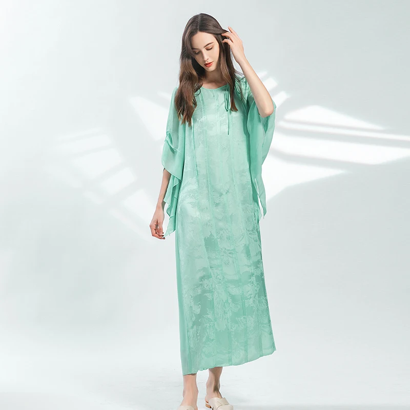 

Love Silk O-Neck Flying Sleeve Woman Party Dress Holiday Elegant Beach Glass Green Loose Dresses Women Spring Vestidos AY073