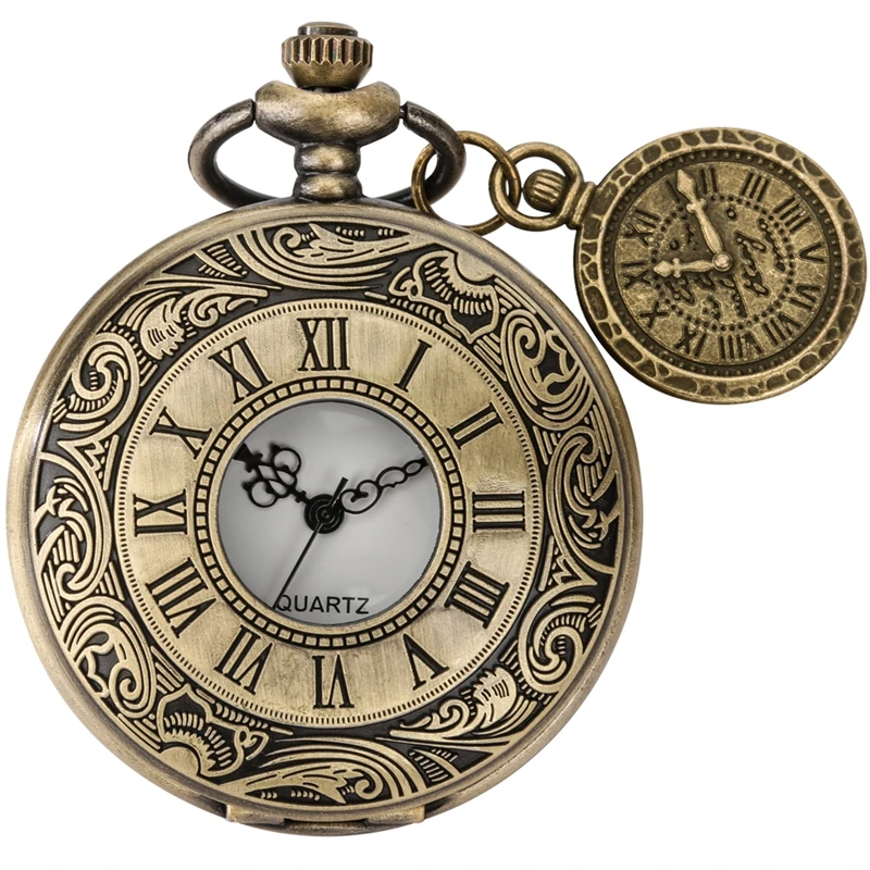 

Retro Bronze Engraved Roman Numeral Case Quartz Pocket Watch Necklace Chain FOB Clock Gifts for Men Women Watch with Accessory