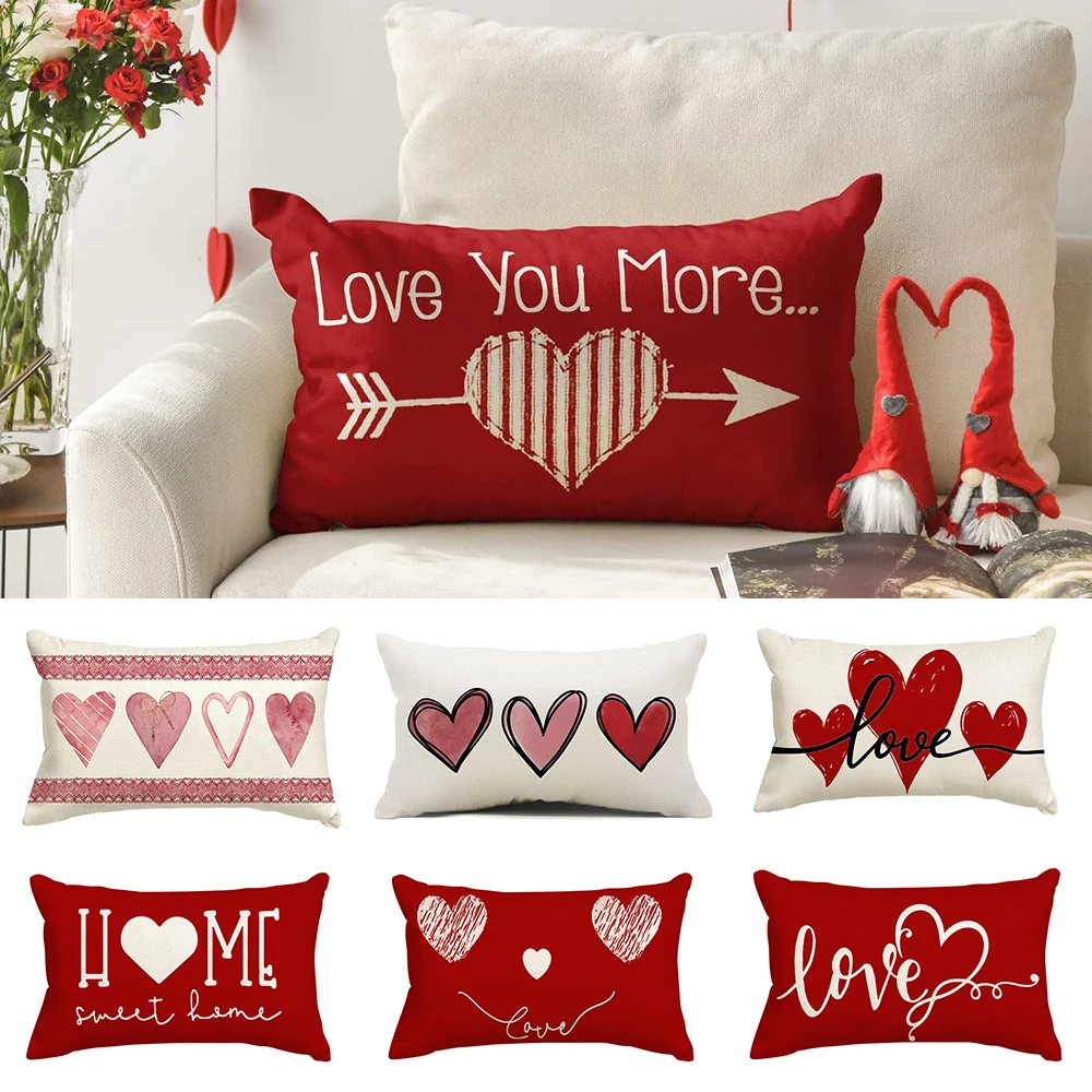 

Valentine's Day Heart Print Decorative Pillow Cover 30x50cm Linen Throw Pillowcase Christmas Decorations Home Cushion Cover