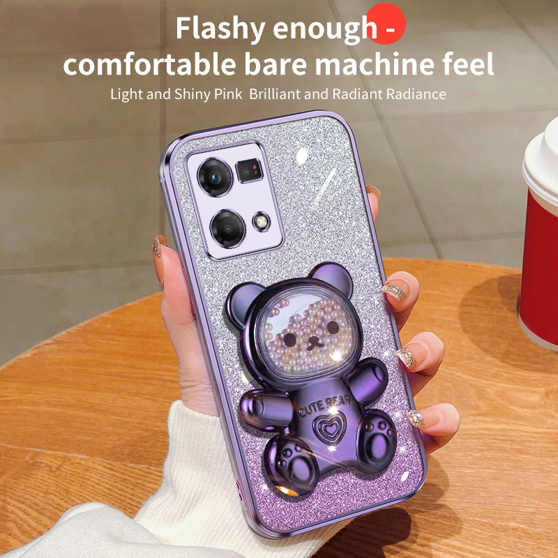 Coque de téléphone à paillettes Quicksand Bear pour Oppo 8T 4G 5G Reno 8 9 7 Pro Plus, support Reno9 Reno7 Reno8_voghion.com