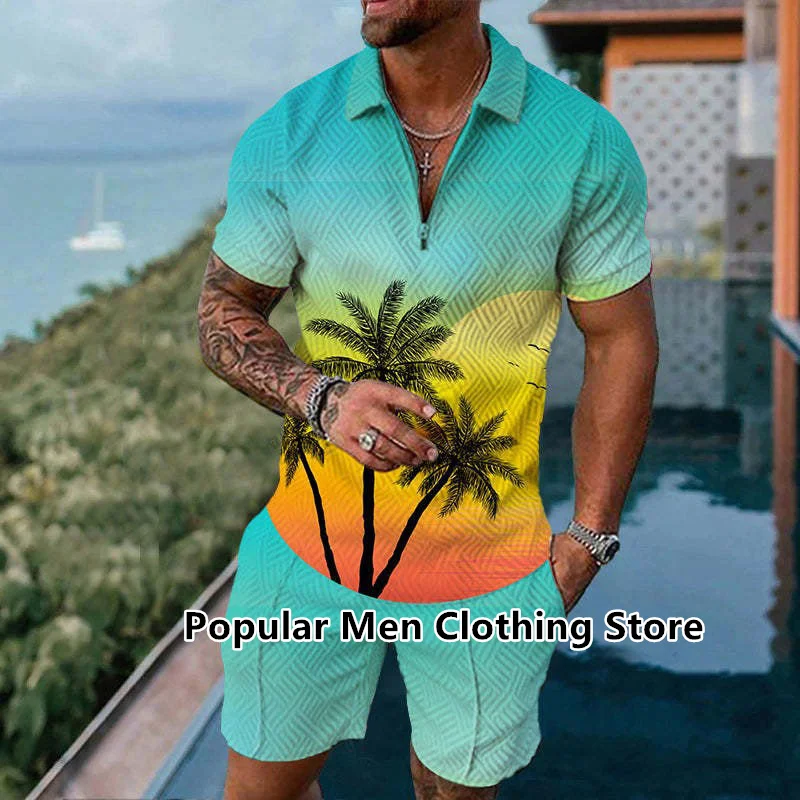 Men's Tracksuit Polo Suit Summer Beach Style Short Sleeve Polo Shirt+Shorts 2 Piece Sets 3D Print Social Shirt Male Clothing