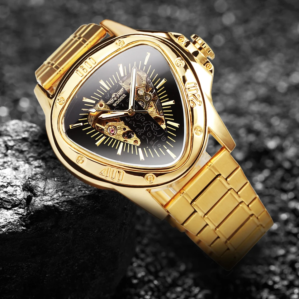 Top Brand di lusso SLZg65 Steampunk moda triangolo dorato scheletro movimento uomo automatico meccanico orologi da polso