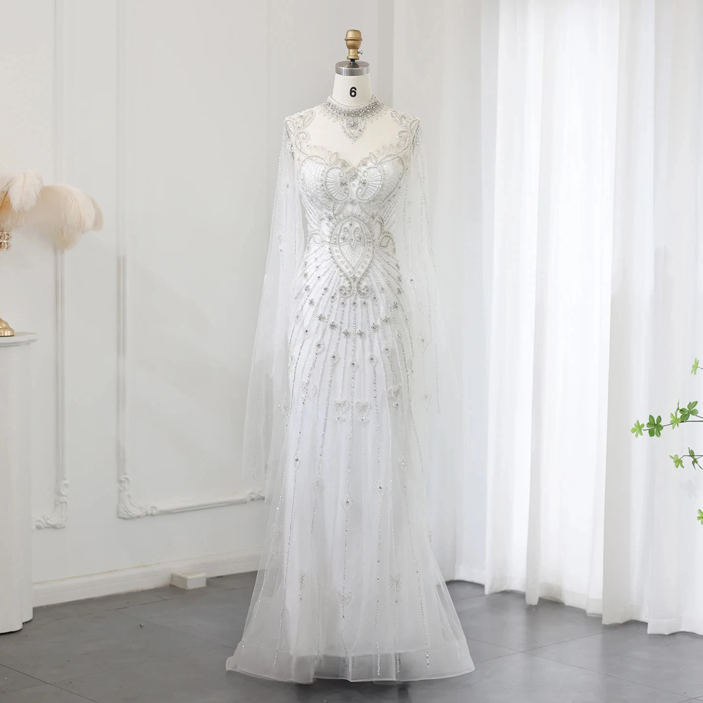 

Jancember Beaded White Mermaid Evening Dress With Cape Elegant High Neck For Women Wedding Party Formal Gowns Sz014