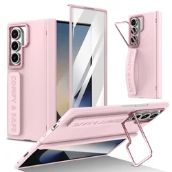 Invisible Kickstand Phone Case with Spring Wristband and Shockproof Back Protection for Galaxy Z Fold6 (Pink)
