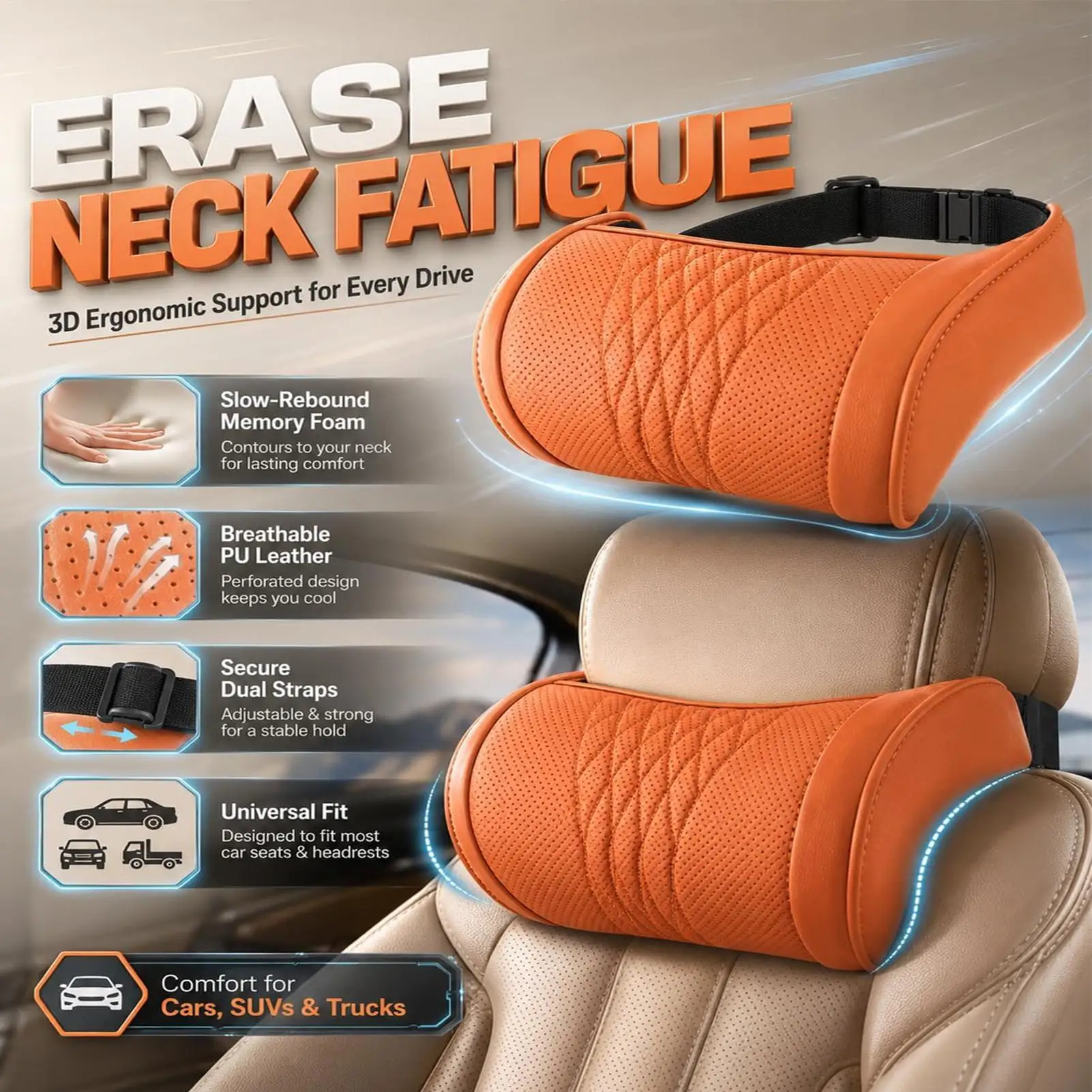 Luxurious Memory Foam Car Neck Pillow - Premium PU Leather Headrest Cushion with Adjustable Straps and Universal Comfort and Support