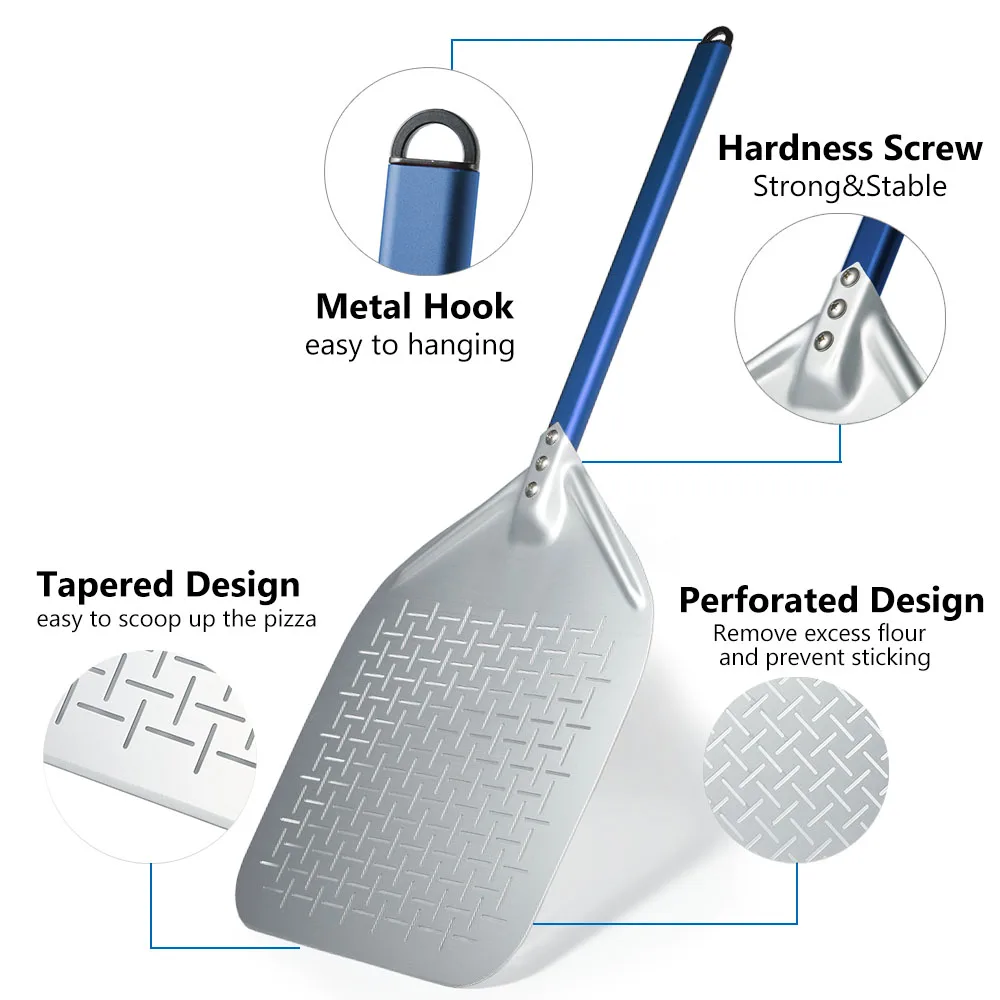 Onilini 12/13/14/ inch Anodized Pizza Peel Perforated Retangular Pizza Paddle with Sauce Spoon Blue Handle Accessories