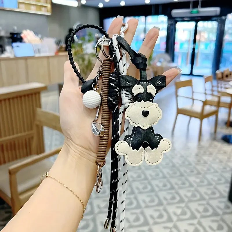 Cartoon PU Animal Key Chain Cute Schnauzer Keyring For Women PU Leather Dog Puppy Pendant Keychain Backpack Pendant Ornaments