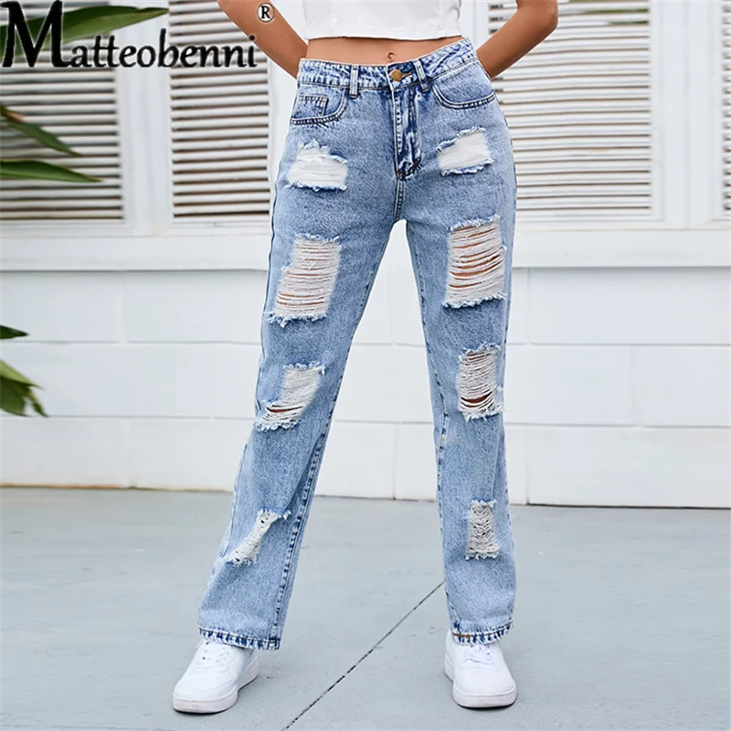 Women's Straight Jeans Summer Fashion Mid-waist Ripped Denim Pants Elegant Temperament Cotton Trousers Female Streetwear Casual