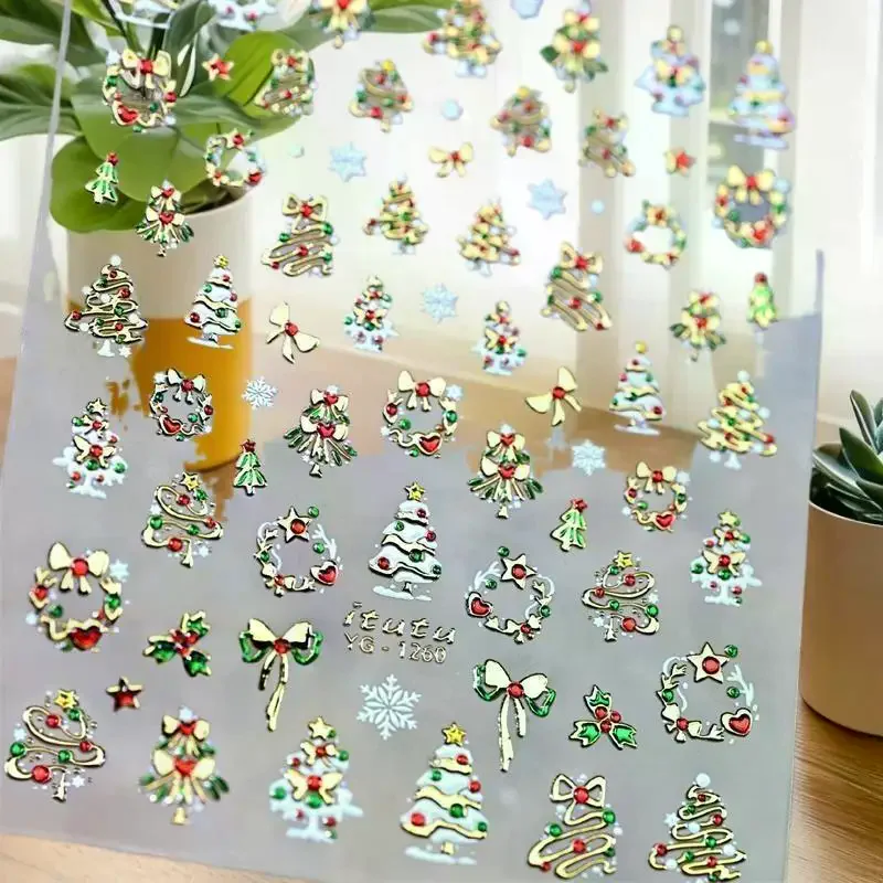 Cute Christmas Style Colorful Lights Polka Dot Christmas Tree Nail Art Stickers Bow Nail Art Print Embossed Stickers Nail Decor