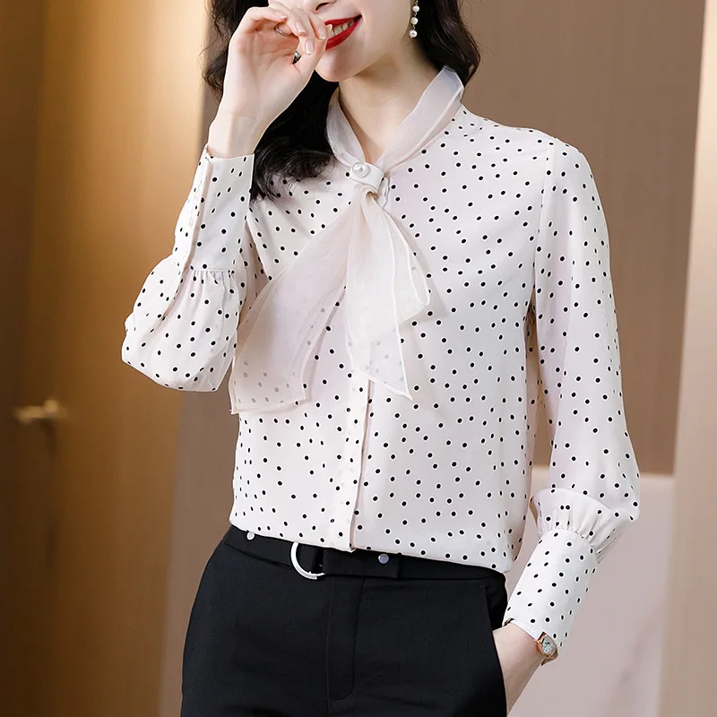

Women's Blouses Tops Silk Floral Printed Office Formal Casual Shirts Plus Large Size Spring Summer Sexy Femme White Polka Dot