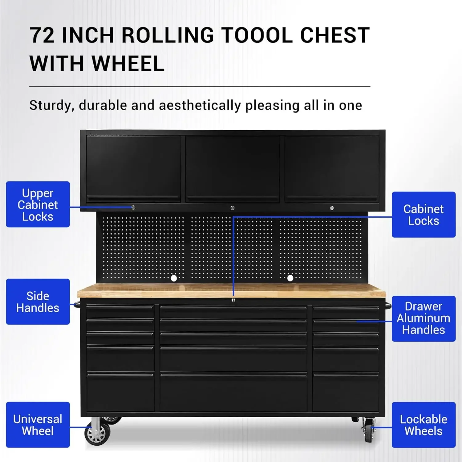 72" Tool Chest Rolling Tool Box 15 Storage Drawers 3 Upper Cabinet Pegboard Large Toolbox with Wheels for Warehouse Basement 3