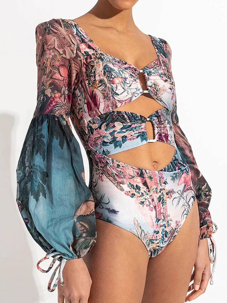 Women Retro Print Long Sleeve Swimsuit