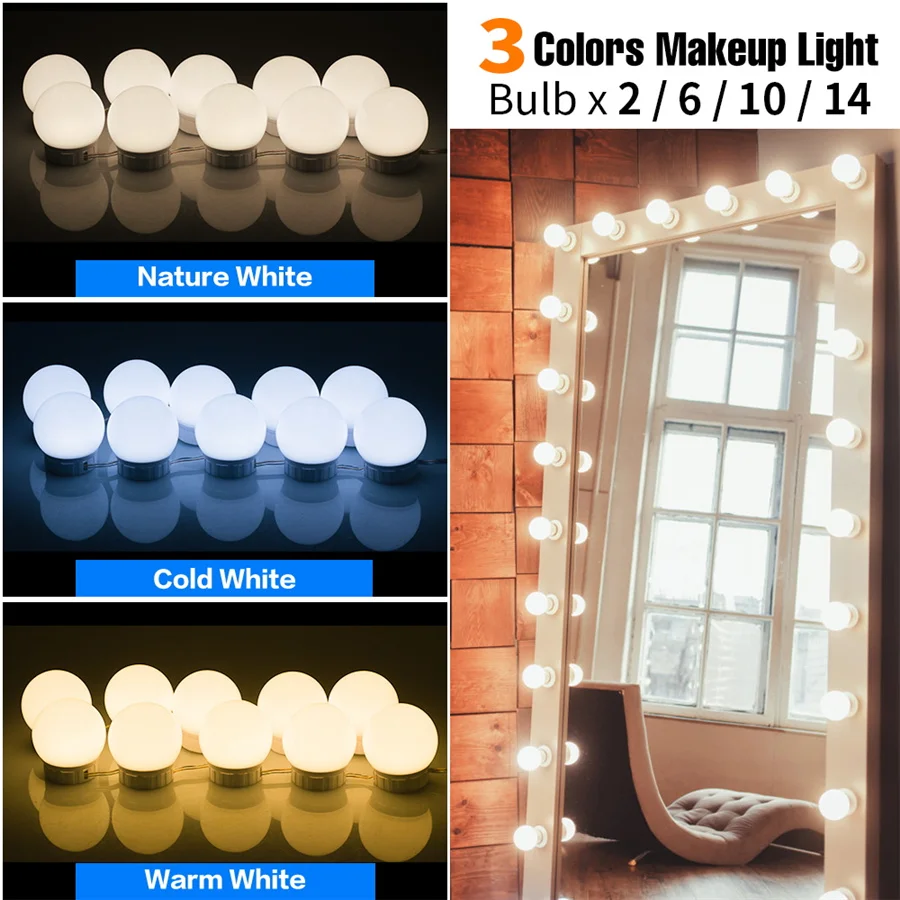 New USB Makeup Mirror Light 3 Modes Stepless Dimmable LED Vanity Lights 5V Wall Lamps 2/6/10/14Bulbs Kit for Dressing Table