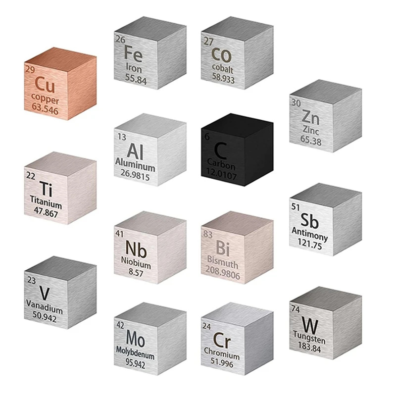 

14PCS Elements Square Set Density Squares Pure Metal Periodic Table Metal Squares Tungsten Square, Titanium, Bismuth Etc Durable