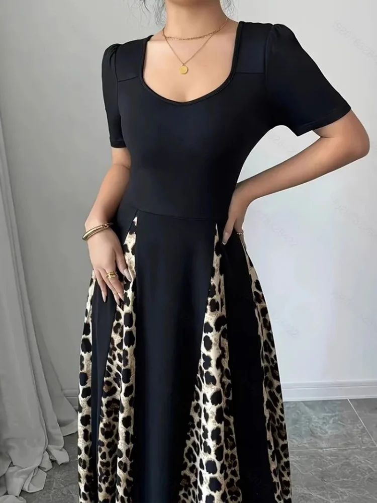 Wmstar 2025 New Women Fashionable Elegant Plus Size Dress Short Sleeve U Neck Black Leopard Print Patchwork Plus Size Dress