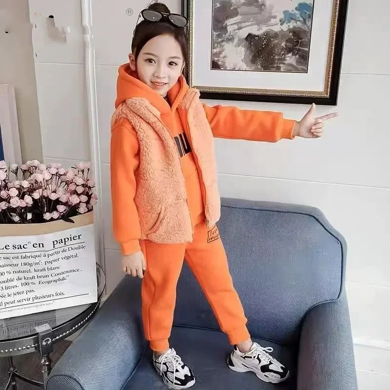 

Kids Winter Warm Baby Girls Clothing Set Thicken Pants Suit Children Plus Velvet Tracksuit Toddlers Hooded Vest 3Pcs/Set 4-12Yrs