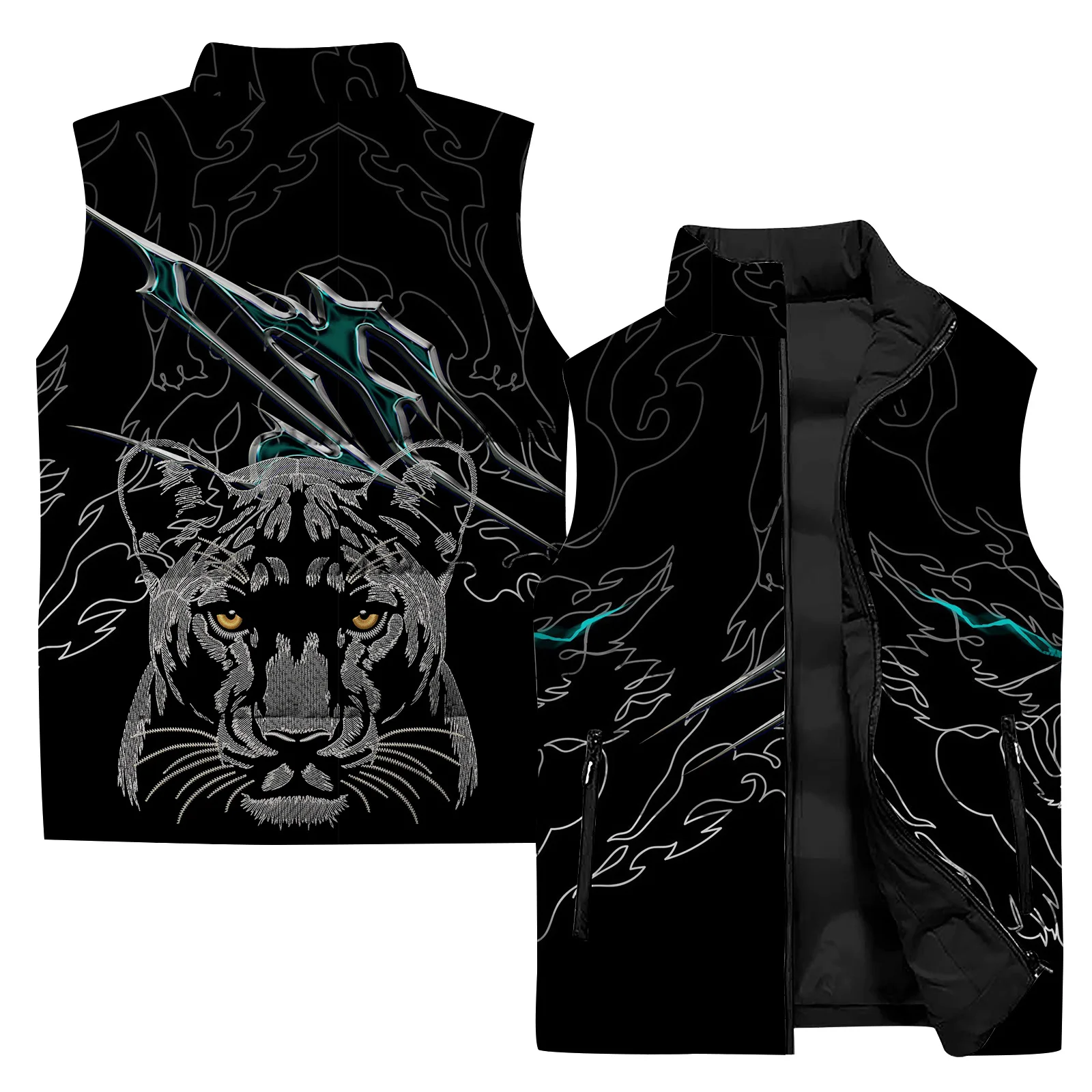 thumbnail image 1 of Chalecos de invierno cálidos para hombre, camiseta sin mangas de algodón con estampado fresco con tigre y leopardo, chalecos de invierno para hombres, chalecos de viento frío, ropa, 1 of 4