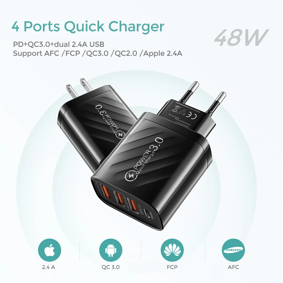48W USB Charger Quick Charge QC Type C PD Fast Charging For iPhone Samsung Huawei Xiaomi Mobile Phone EU/US/UK Plug Wall Adapter