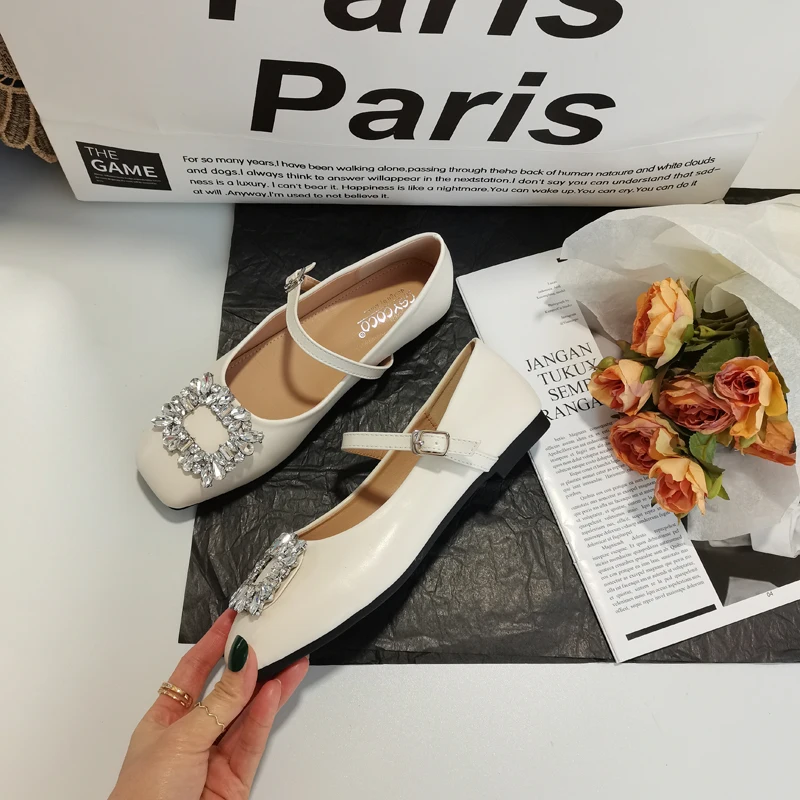 Square Versatile Rhinestone Mary Jane Flats Lolita Designer Zapatos Office Shoes Women Comfortable for Work