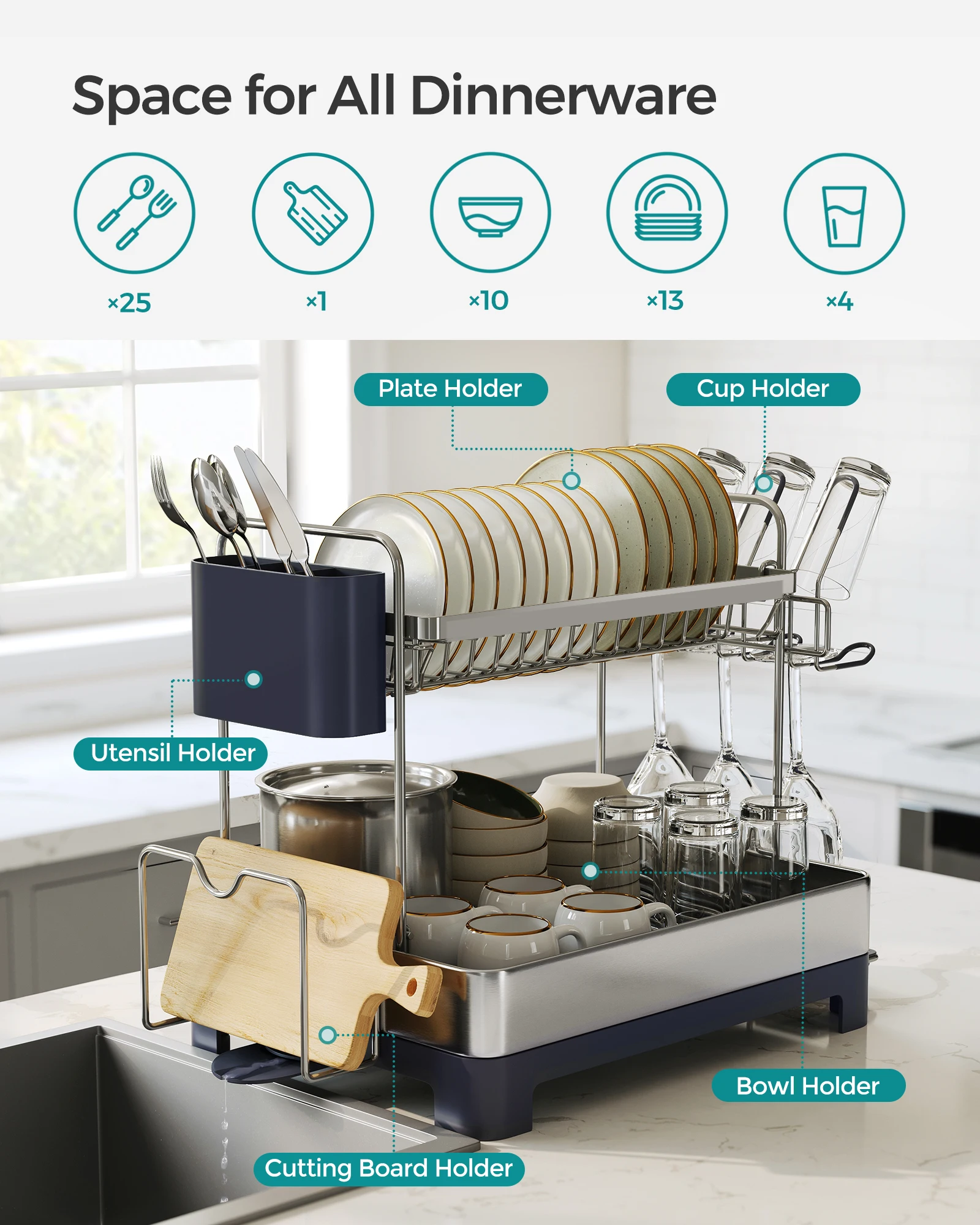 SONGMICS Dish Drying Rack - 2 Tier Dish Rack for Kitchen Counter with Rotatable and Extendable Drain Spout 3