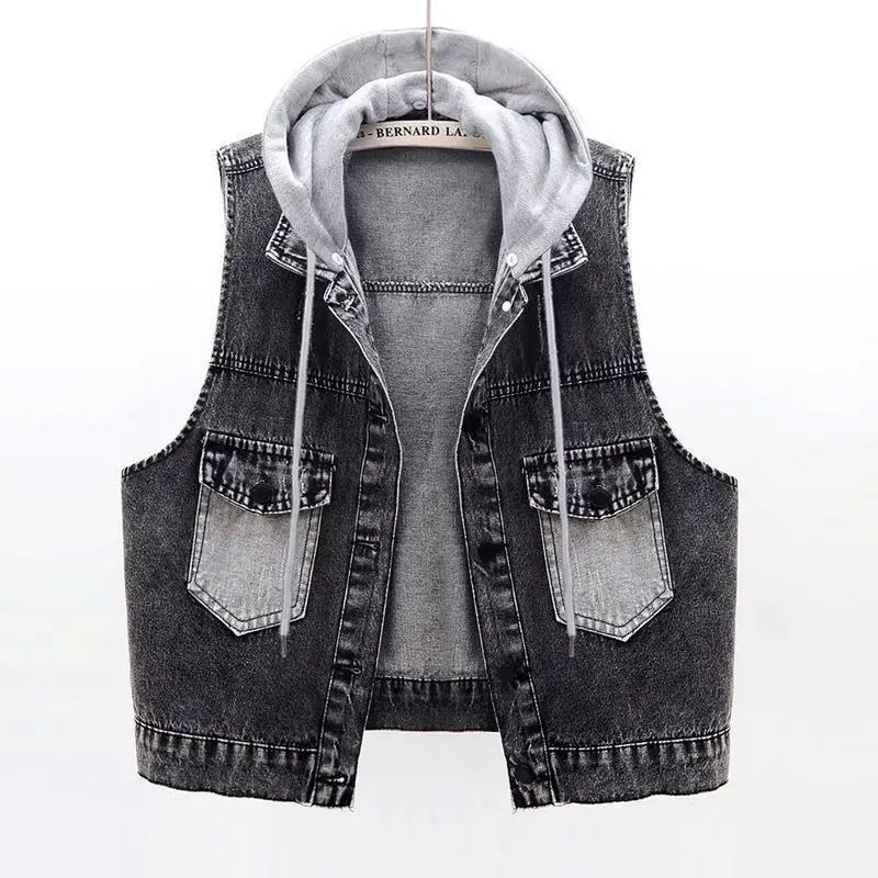 

Short Denim Vest Women Detachable Hooded Coat 2023 Spring Summer New Pockets Sleeveless Jeans Jacket Female Tops Outerwear