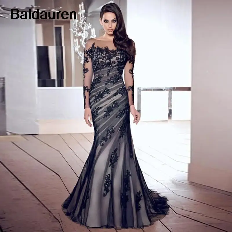 Mermaid Mother Of The Bride Dresses Sheer Scoop Neck Long Sleeves Applique Pleats Tulle Mother Party Gowns On Sale customized