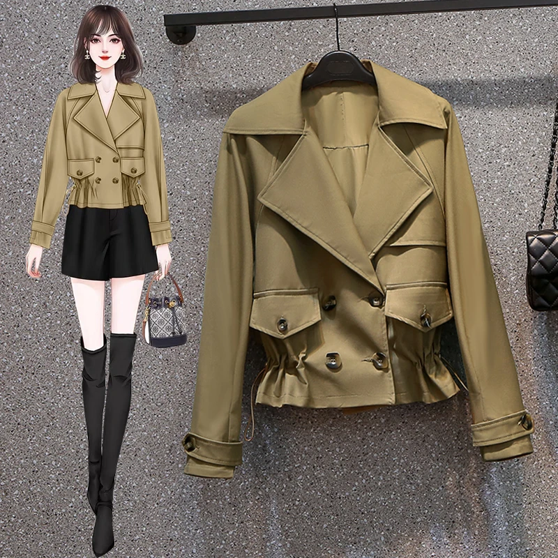 

Short Trench Coat Women's 2023 Spring New Waist-Length All-Match Chic Jacket Female Double-Breasted Vintage Windbreaker Outwear