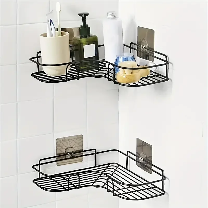 Wall-mounted corner shelf with double-tier metal grid storage