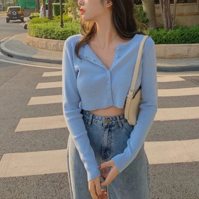 Korean Style Women O-neck Knitted Cardigan Short Sweaters 2025 Fashion Long Sleeve Button Crop Top Knitwears 28116