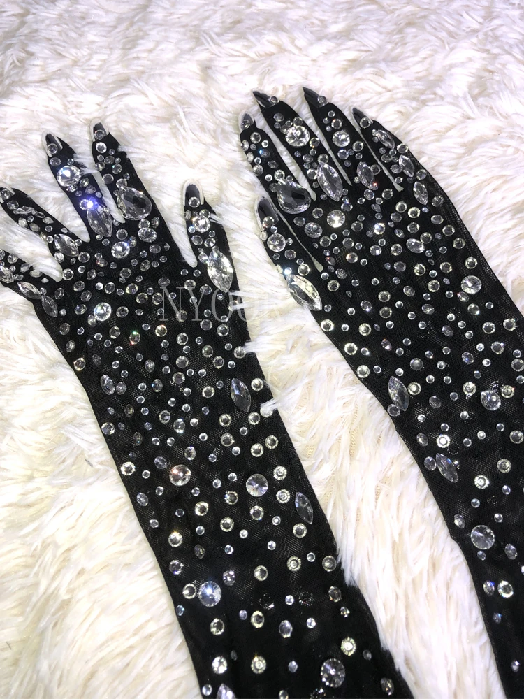 Mesh Gloves Shining Crystals Stones Long Mittens Rhinestones Stretch Transparent Bar Singer Party Stage Wear Accessories-rhinestones gloves