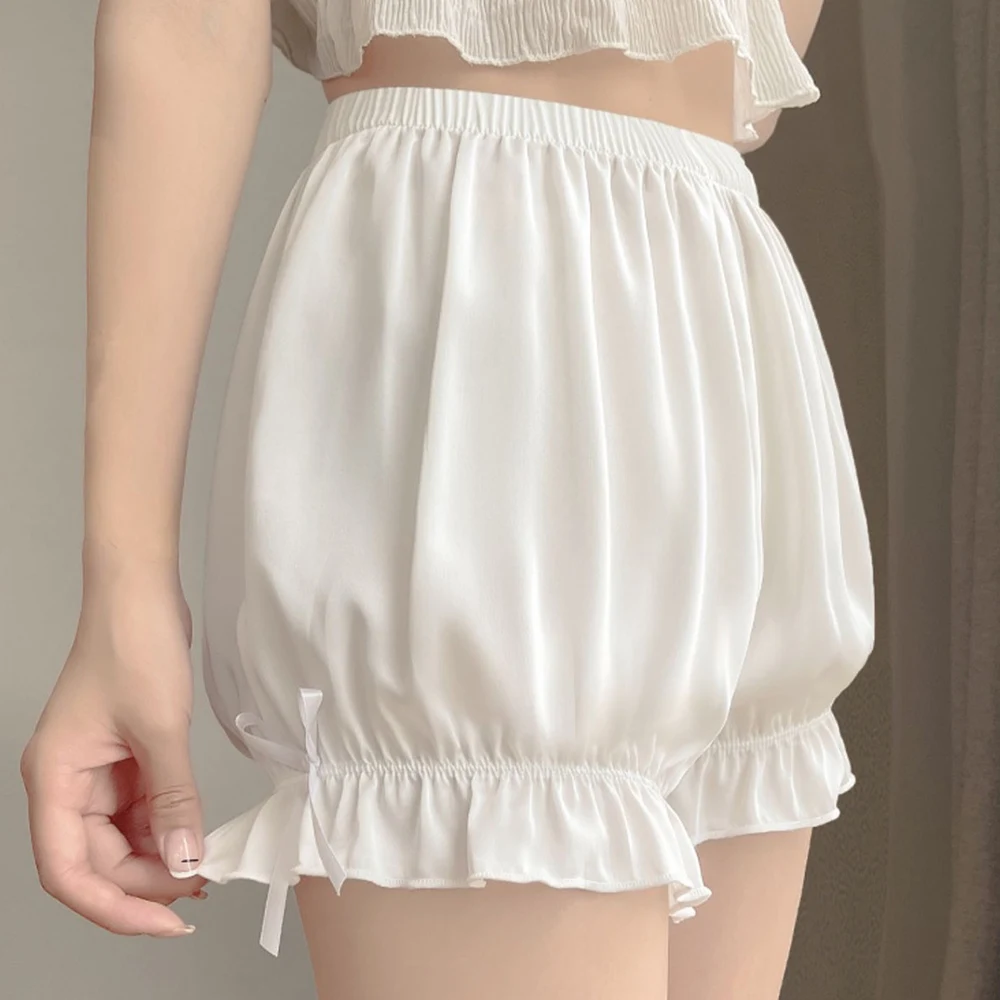 Women Ice Silk Ruffled Short Pants Pants Pumpkin Shape Loose Bottoming Safety Shorts Summer Thin Bow Ruffles Lantern Bottoms