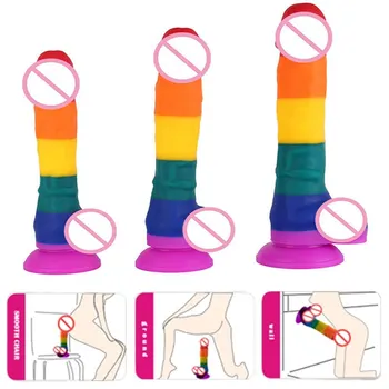 Rainbow Double Layer Silicone Big Dildo Realistic Fake Long Dick Penis Butt Plug Adult Sex Toy For Woman Men Vagina Anal Massage 4