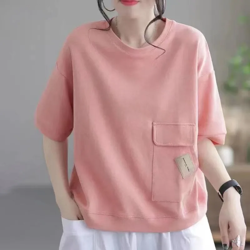 Women's T-shirt Short Sleeved Pure Cotton 2024 Summer New Korean Commuting Patchwork Loose Pocket Solid Round Neck Pullover Tops