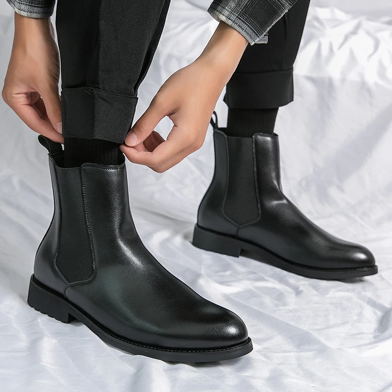 Autumn Winter High Heel Men Boots Quality Embossed Leather Chelsea Ankle Boots Trendy