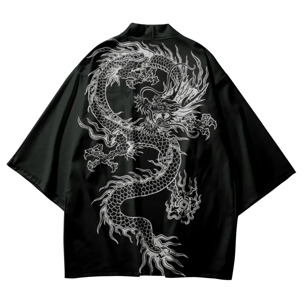 

Chinese Dragon Print Traditional Kimono Men Women Black Loose Yukata Cardigan Cosplay Haori Japanese Style Samurai Asia Clothing